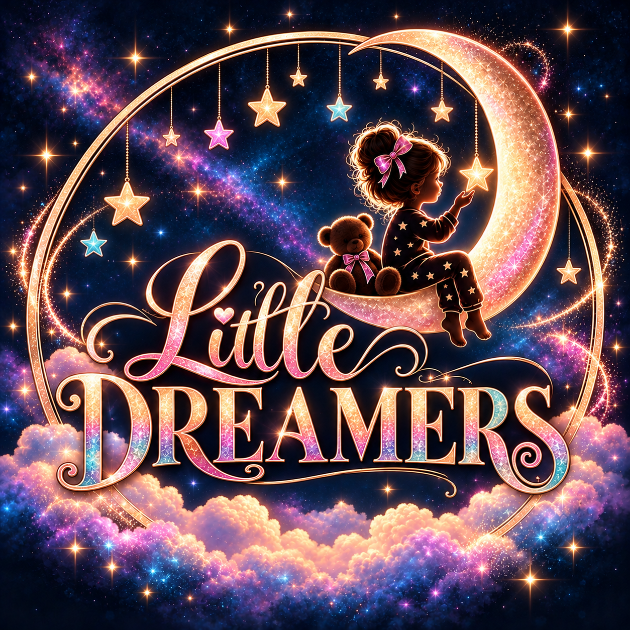 Little Dreamers logo: a child on a golden crescent moon reaching for a star, with a teddy bear beside her
